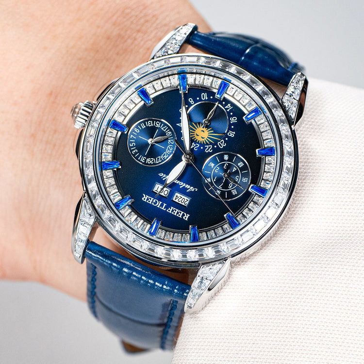 Reef Tiger Classic Philosopher Zirconia Bezel Multifunctional Mechanical Moon Phase Automatic Watch Blue RGA1988 image 3