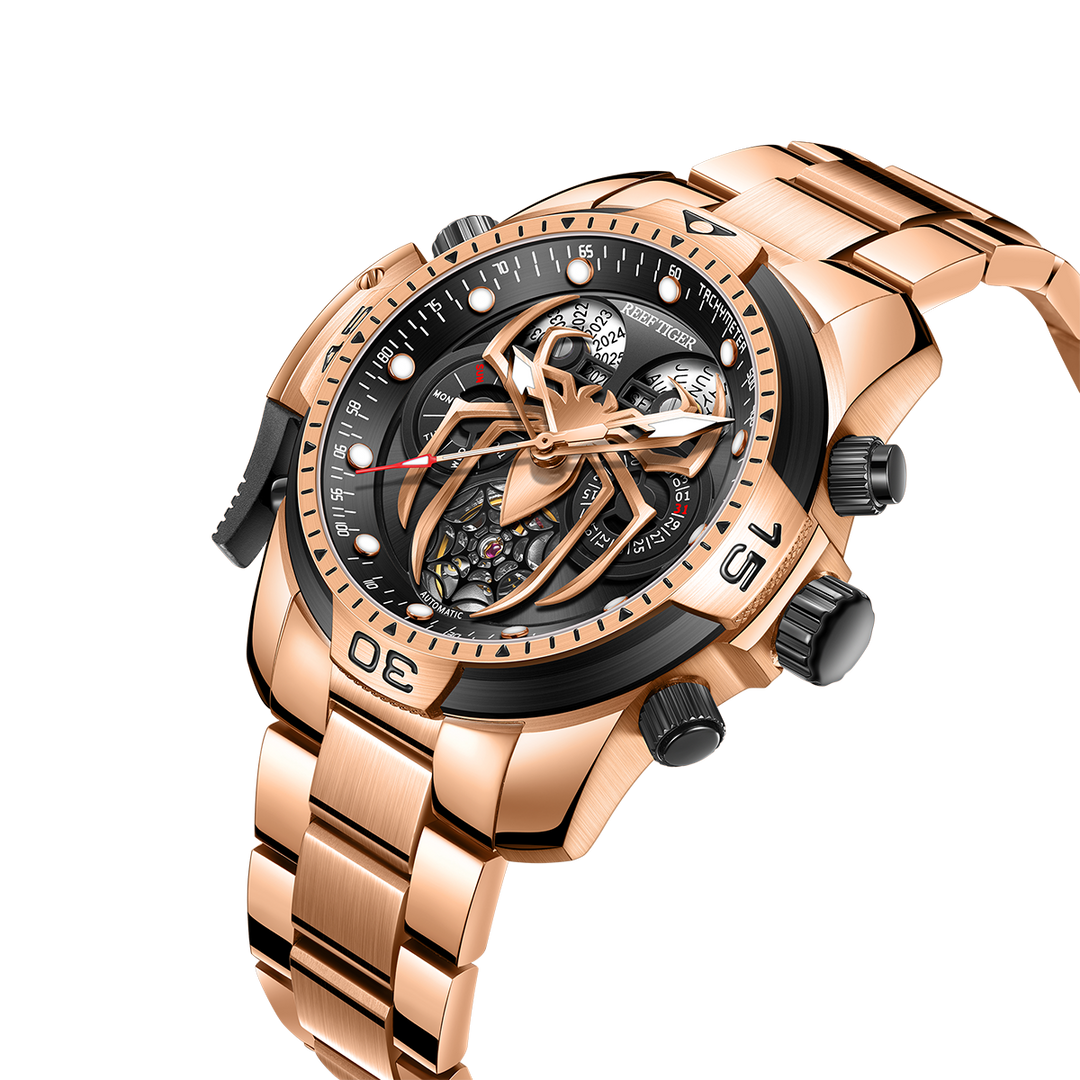 Reef Tiger Men's Aurora Spider Automatic Chronograph Watch Rose Gold/Black image 3