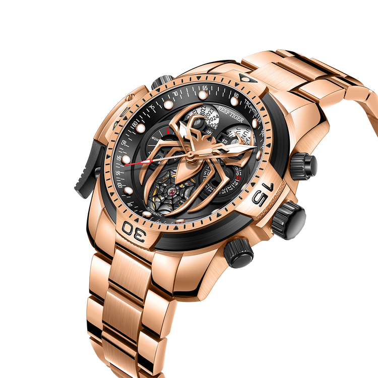 Reef Tiger Men's Aurora Spider Automatic Chronograph Watch Rose Gold/Black image 3