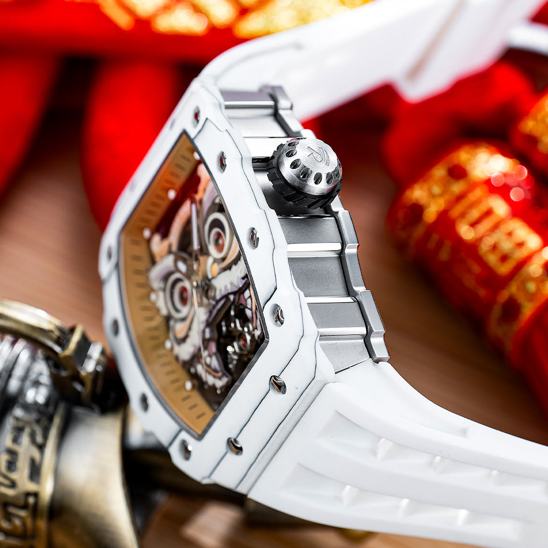 Reef Tiger Men's Chinese Lion Dance Automatic Skeleton Watch RGA3009 White image 7