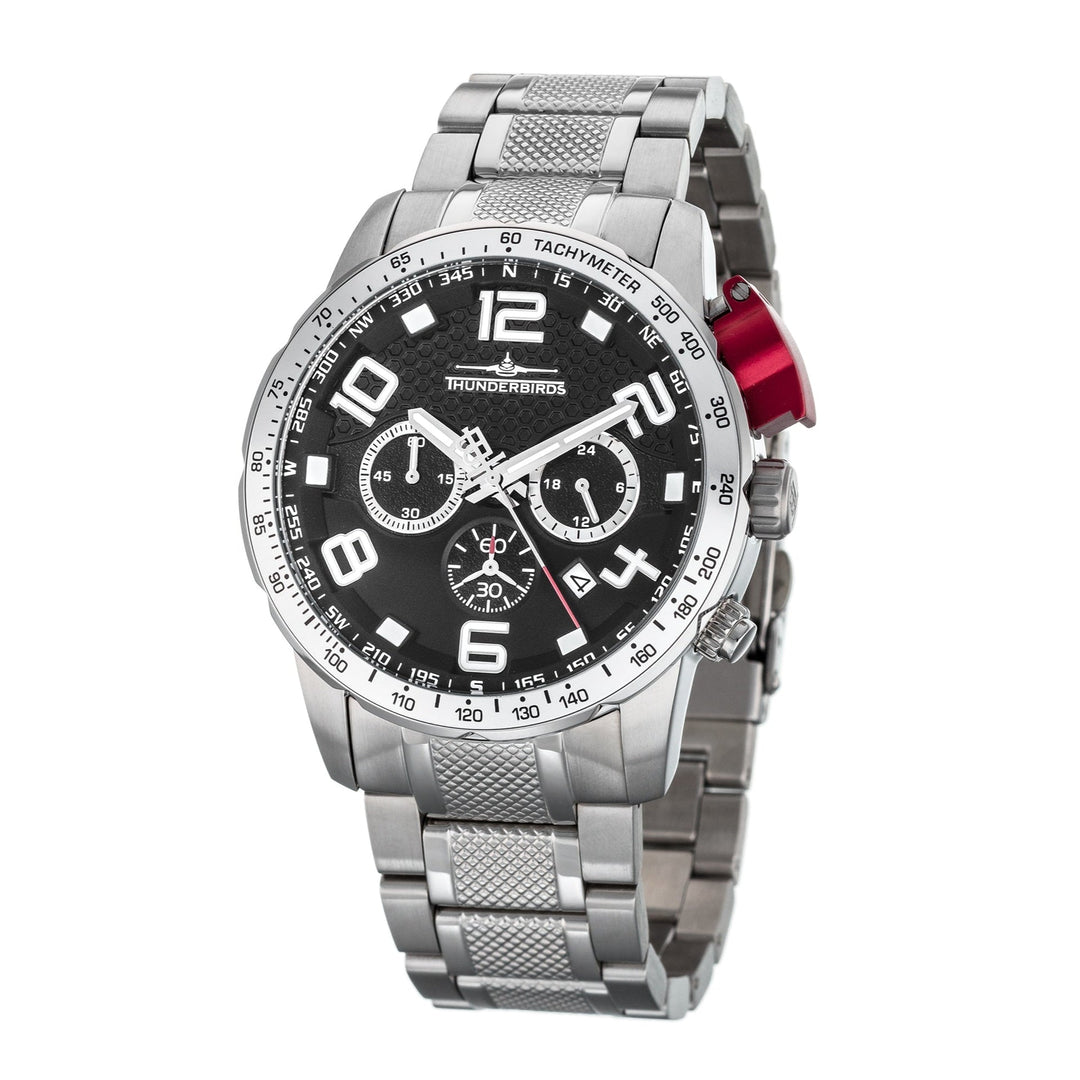 THUNDERBIRDS Aircraft Ejector Tachy Chronograph Steel Bracelet Watch Silver/Black image 0