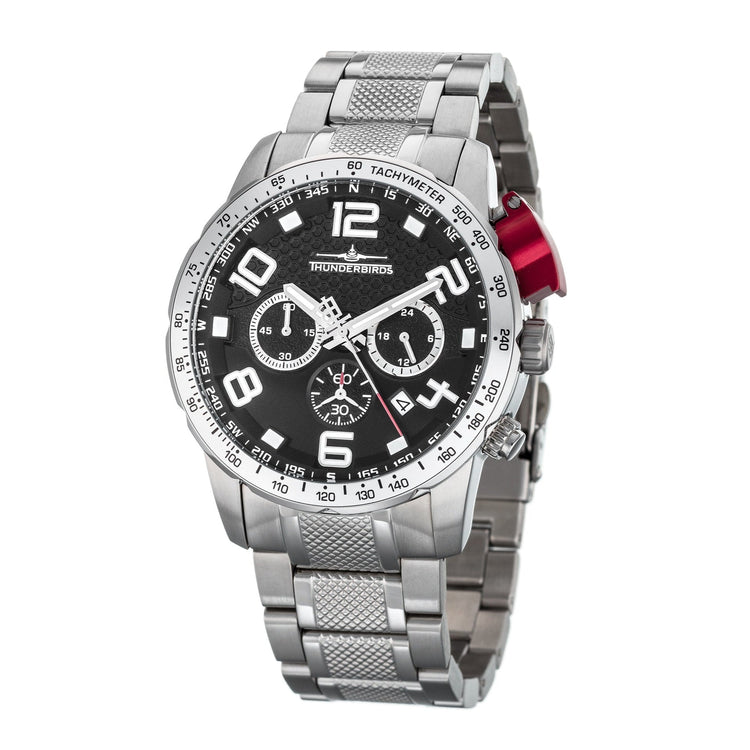 THUNDERBIRDS Aircraft Ejector Tachy Chronograph Steel Bracelet Watch Silver/Black image 0
