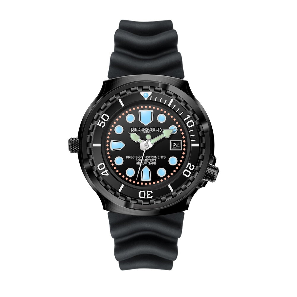 RIEDENSCHILD PRECISION INSRUMENTS GERMANY Divers Taucheruhr 1000m Helium Valve Watch Black/Light Blue image 4