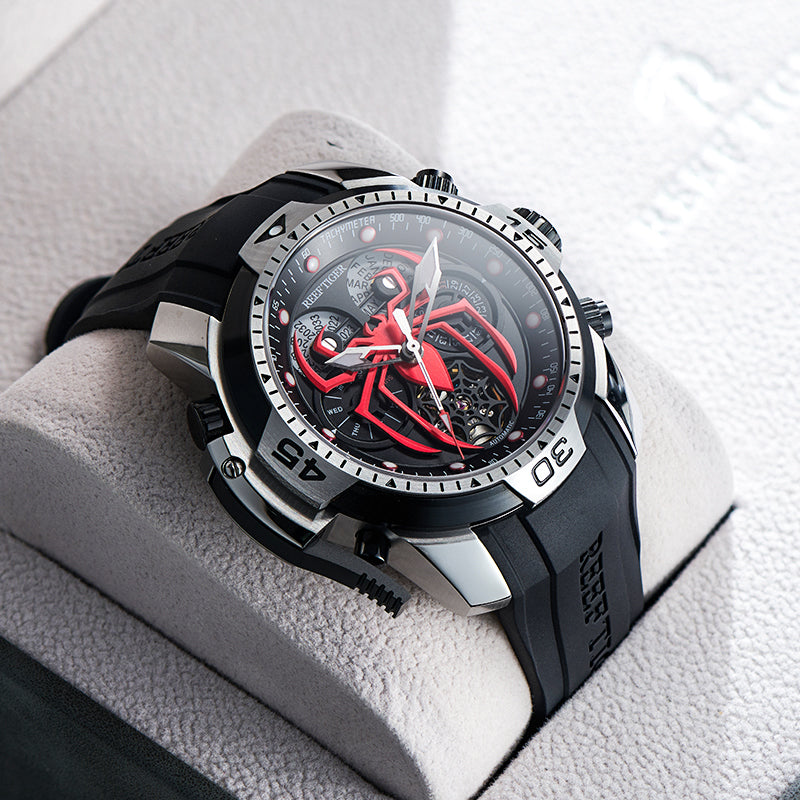 Reef Tiger Men's Aurora Spider Automatic Chronograph Watch Silver/Red image 1