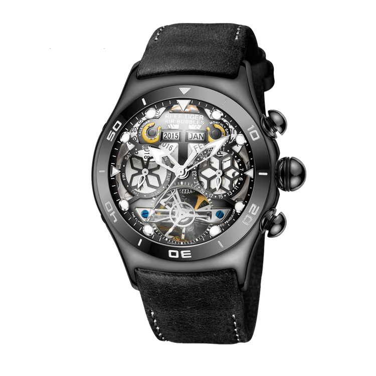 Reef Tiger Men's Aurora Air Bubbles Automatic Mechanical Skeleton Watch - Leather image