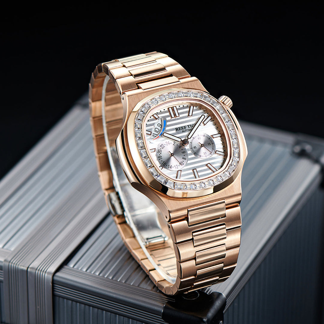 Reef Tiger Men's Peak 44mm Square Crystal Bezel Automatic Watch RGA2019 Rose Gold/White image 4