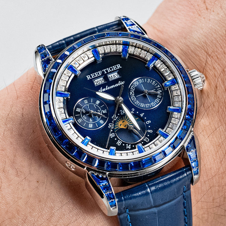 Reef Tiger Classic Philosopher Zirconia Bezel Multifunctional Mechanical Moon Phase Automatic Watch Blue Zircon RGA1988 image 1