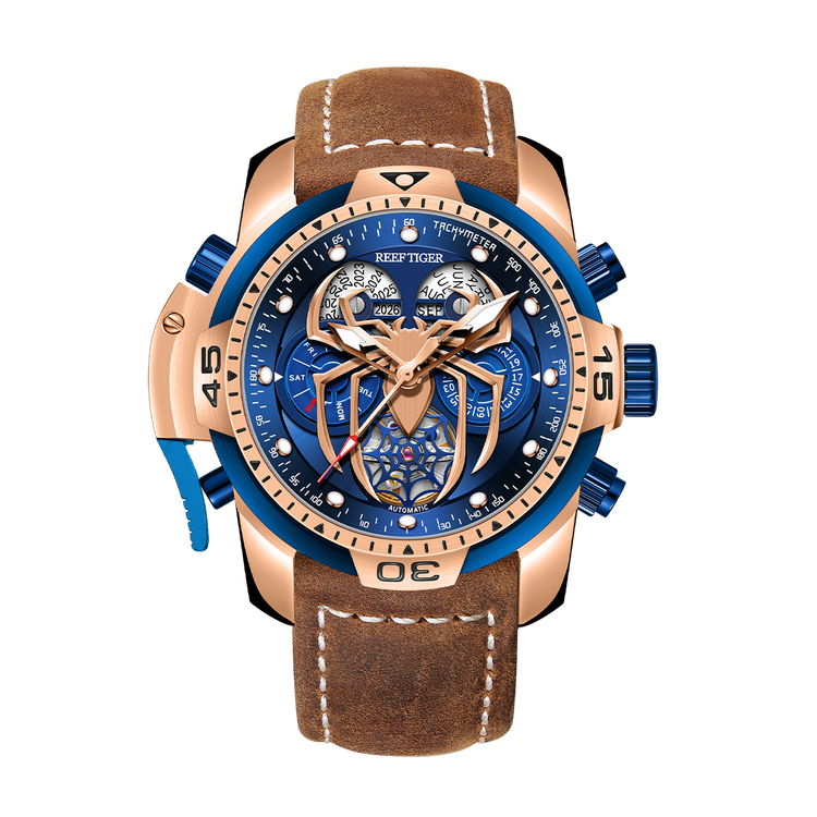Reef Tiger Men's Aurora Spider Automatic Chronograph Watch Rose Gold/Blue image 12