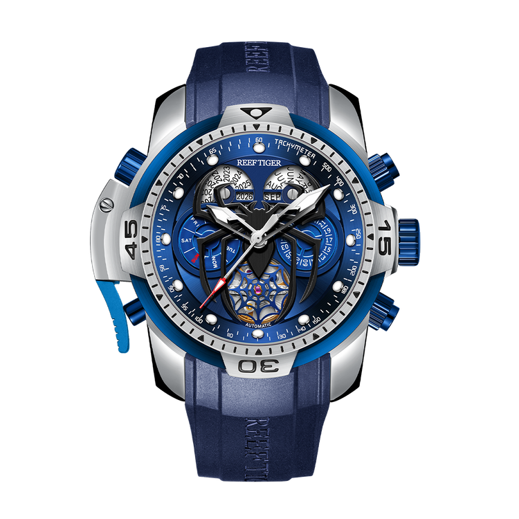 Reef Tiger Men's Aurora Spider Automatic Chronograph Watch Silver/Blue - Rubber image