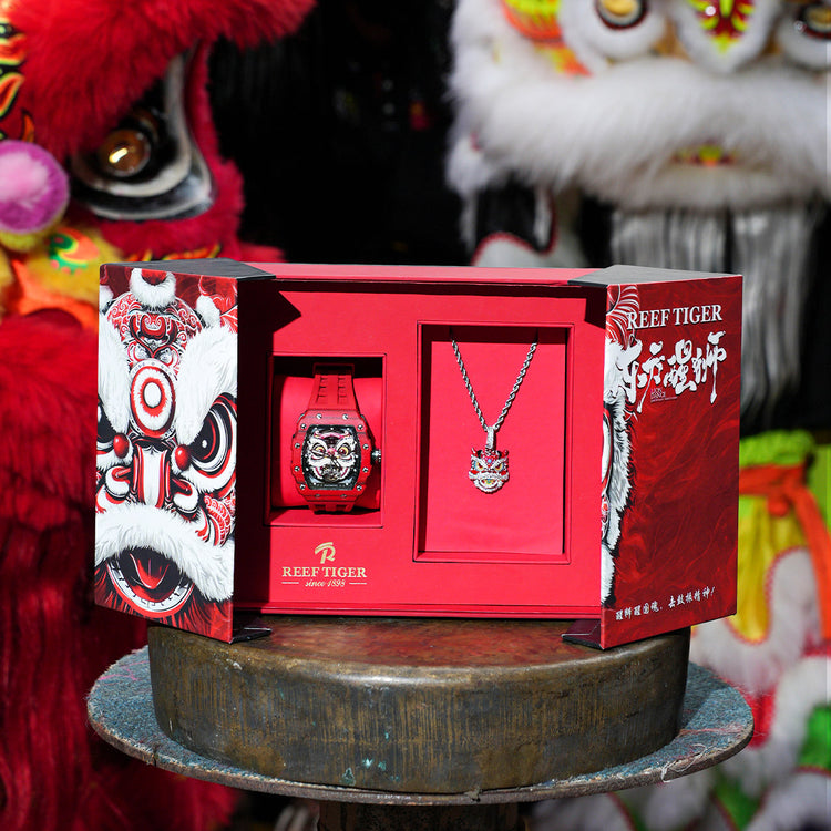 Reef Tiger Men's Chinese Lion Dance Automatic Skeleton Watch RGA3009 Red image 2