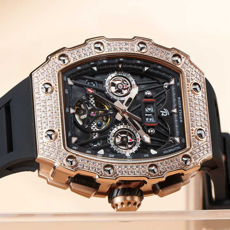 Reef Tiger Men's Aurora Titan Mechanical Multifunctional Day/Date Skeleton Automatic Watch RGA3009 Rose Gold image 3