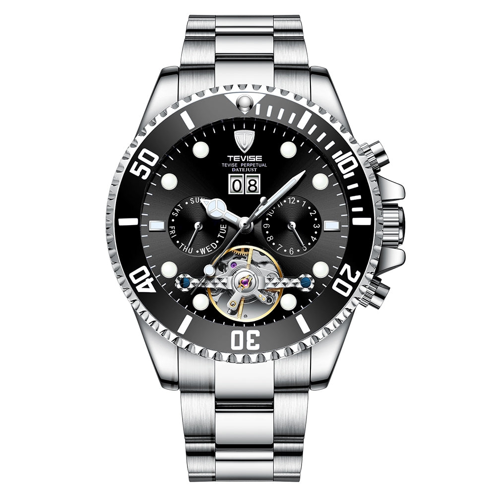 TEVISE Perpetual Flywheel Date Automatic Silver/Black Watch image 0