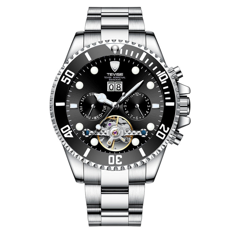 TEVISE Perpetual Flywheel Date Automatic Silver/Black Watch image 0
