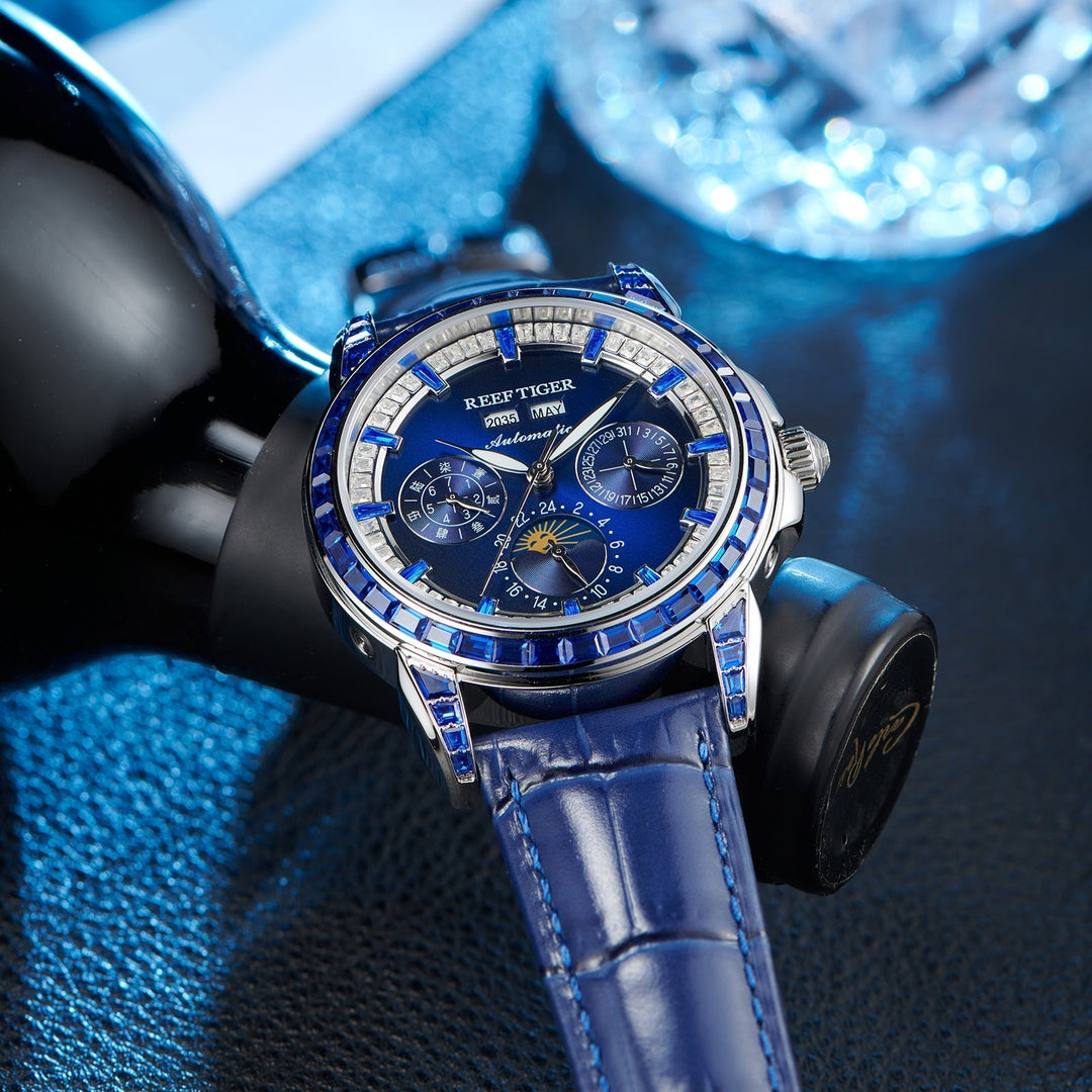 Reef Tiger Classic Philosopher Zirconia Bezel Multifunctional Mechanical Moon Phase Automatic Watch Blue Zircon RGA1988 image 5