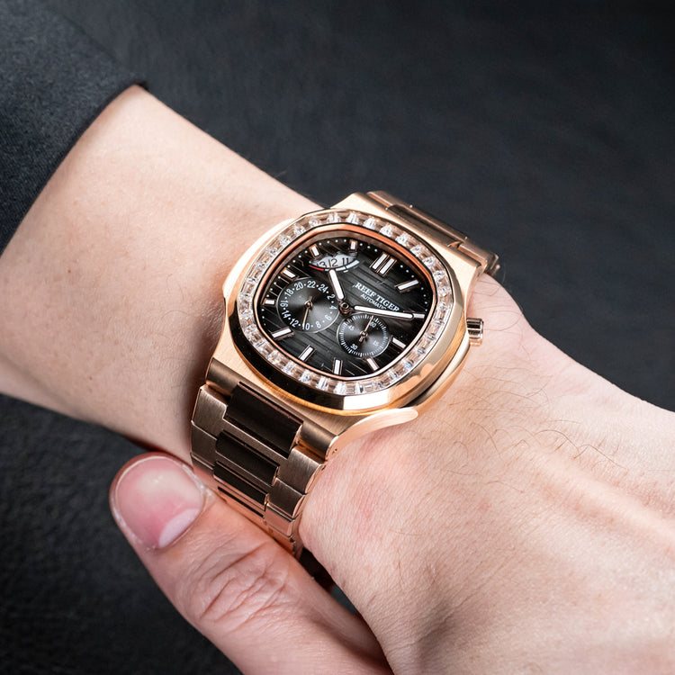 Reef Tiger Men's Peak 44mm Square Crystal Bezel Automatic Watch RGA2019 Rose Gold/Black image 2