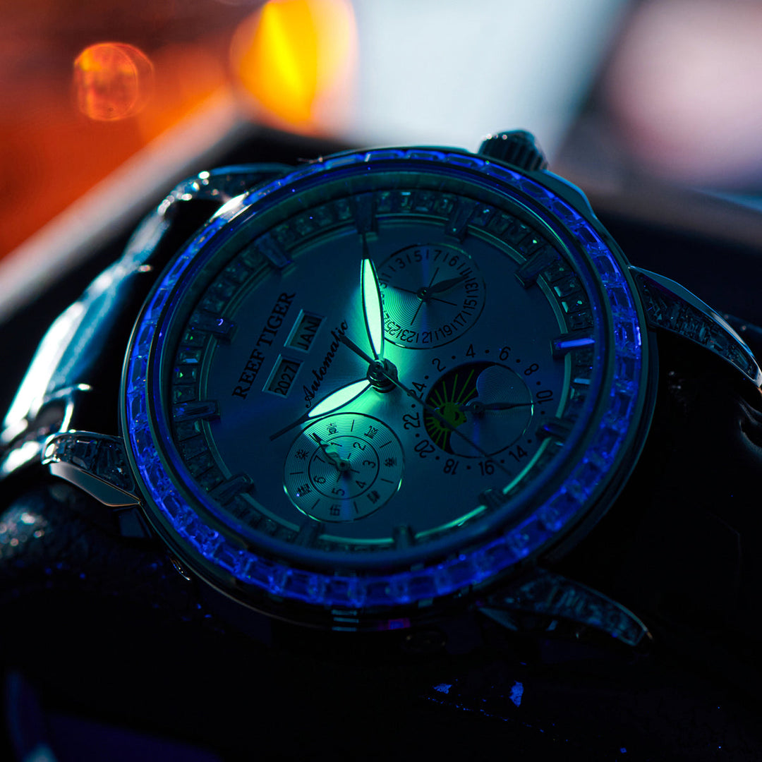 Reef Tiger Classic Philosopher Zirconia Bezel Multifunctional Mechanical Moon Phase Automatic Watch Luxury Rose Gold RGA1988 image 7