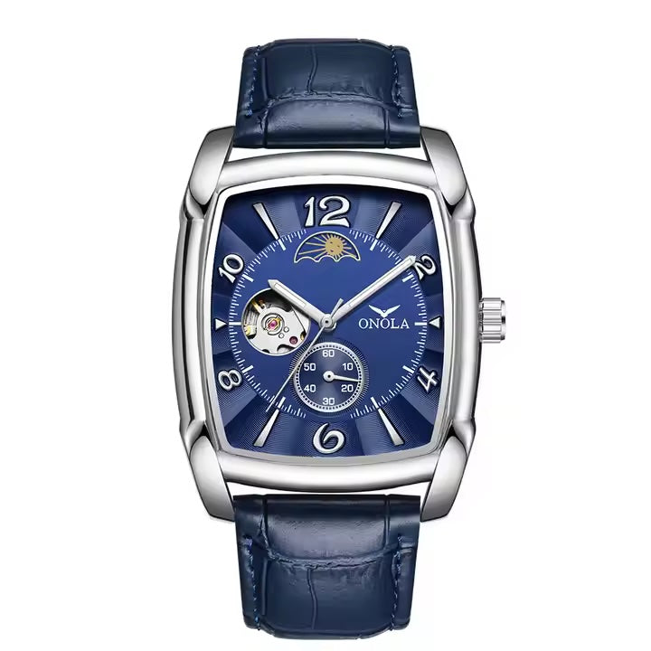 ONOLA Classic Automatic Moonphase Easy Read Tonneux Open Heart Leather Watch - Blue image