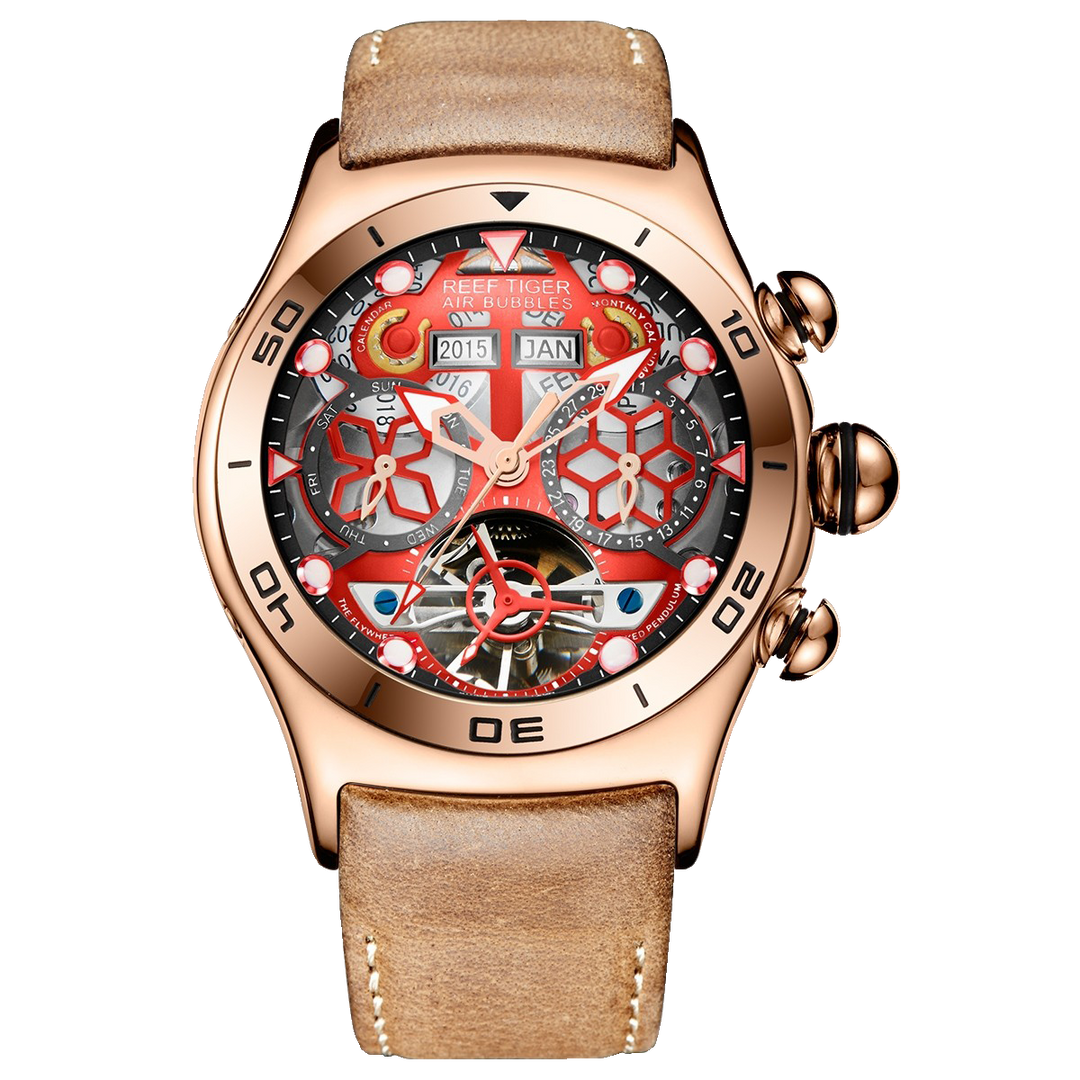 Reef Tiger Men's Aurora Air Bubbles Automatic Mechanical Skeleton Watch Rose Gold/Camel image 10