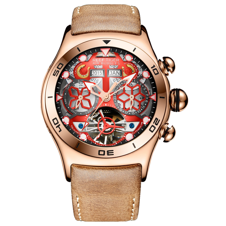Reef Tiger Men's Aurora Air Bubbles Automatic Mechanical Skeleton Watch Rose Gold/Camel image 10