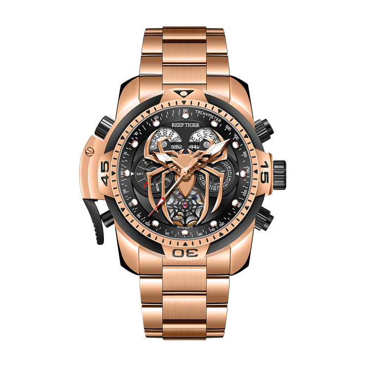 Reef Tiger Men's Aurora Spider Automatic Chronograph Watch Rose Gold/Black image 2