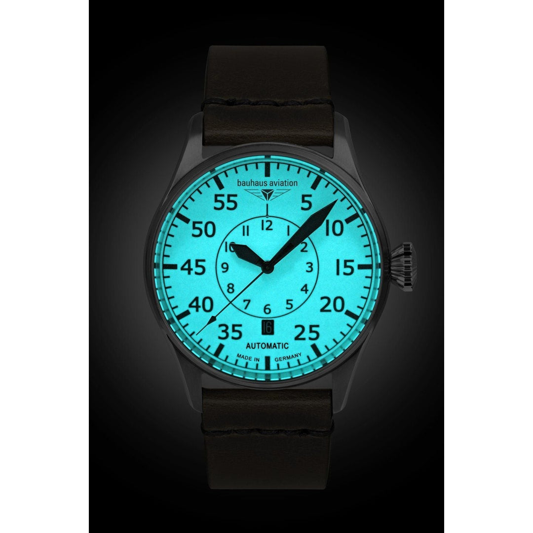BAUHAUS AVIATION Men's Flight Control Automatic Night-Glow Leather Strap Watch 27565 image 2