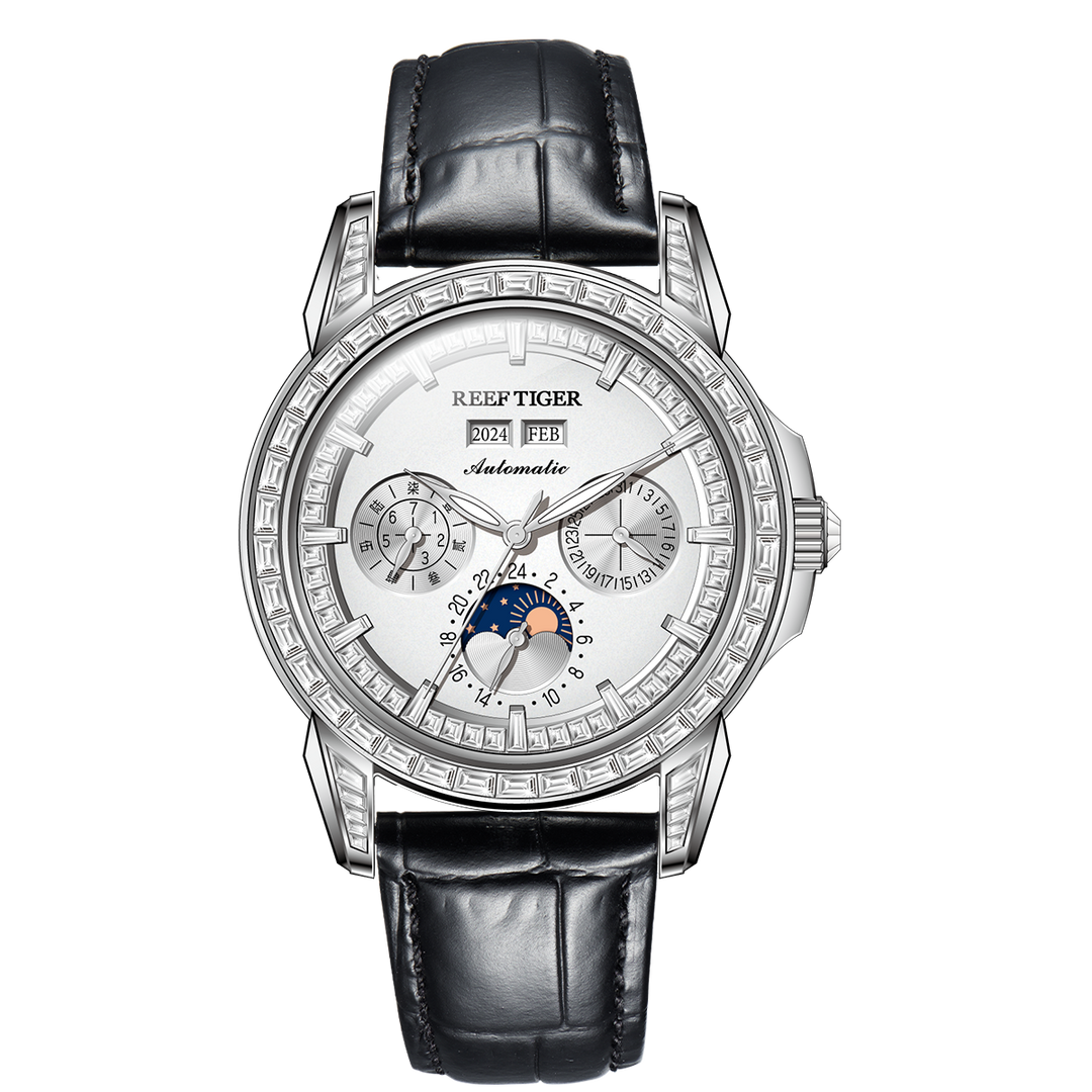 Reef Tiger Classic Philosopher Zirconia Bezel Multifunctional Mechanical Moon Phase Automatic Watch Silver RGA1988 image 0