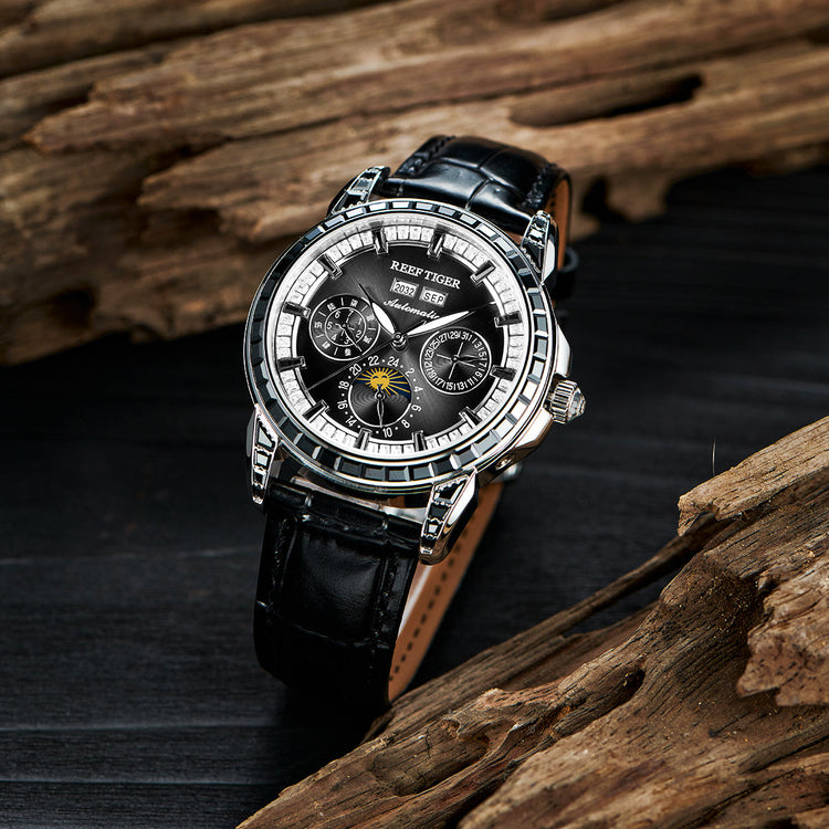 Reef Tiger Classic Philosopher Zirconia Bezel Multifunctional Mechanical Moon Phase Automatic Watch Black RGA1988 image 4