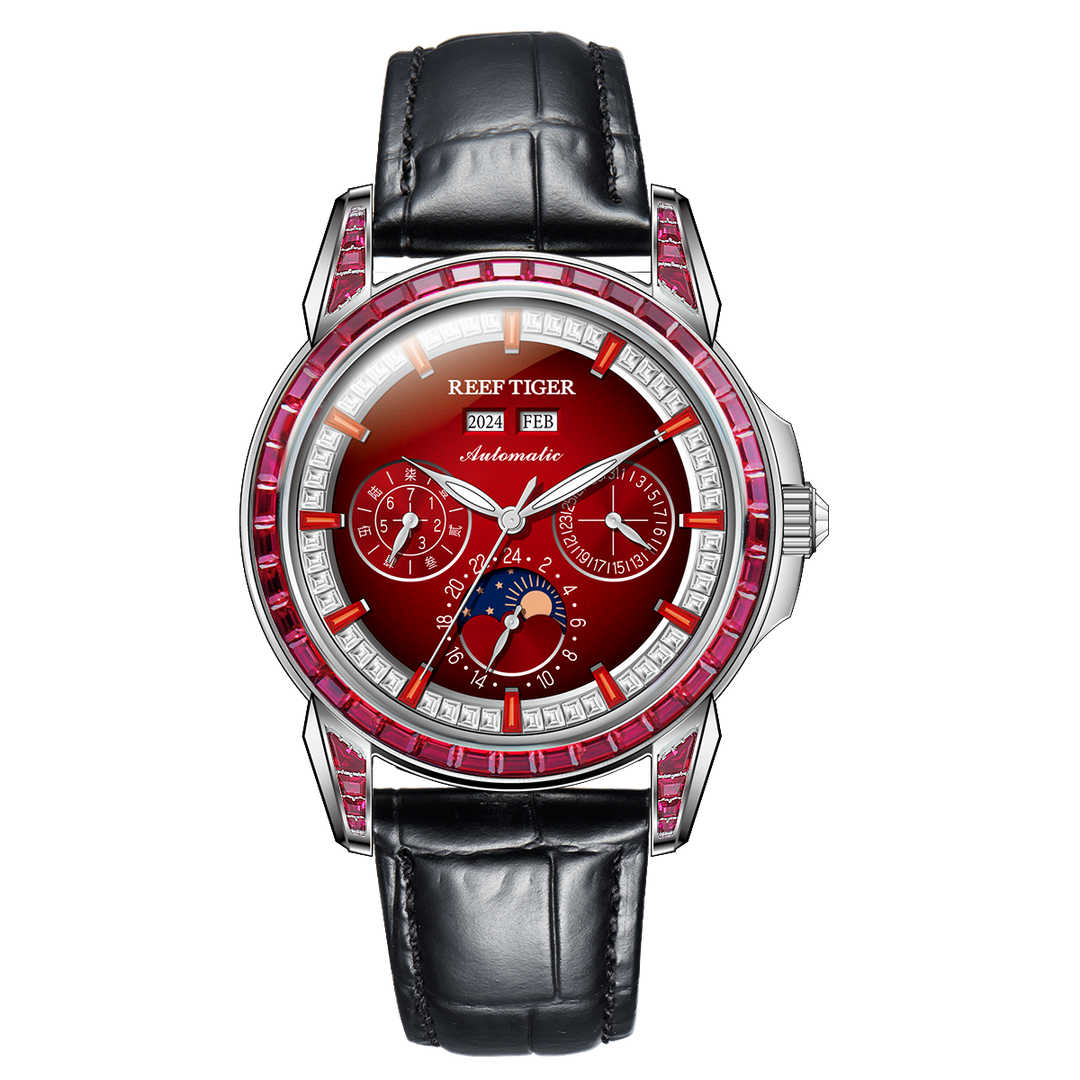 Reef Tiger Classic Philosopher Zirconia Bezel Multifunctional Mechanical Moon Phase Automatic Watch Burgandy RGA1988 image 0