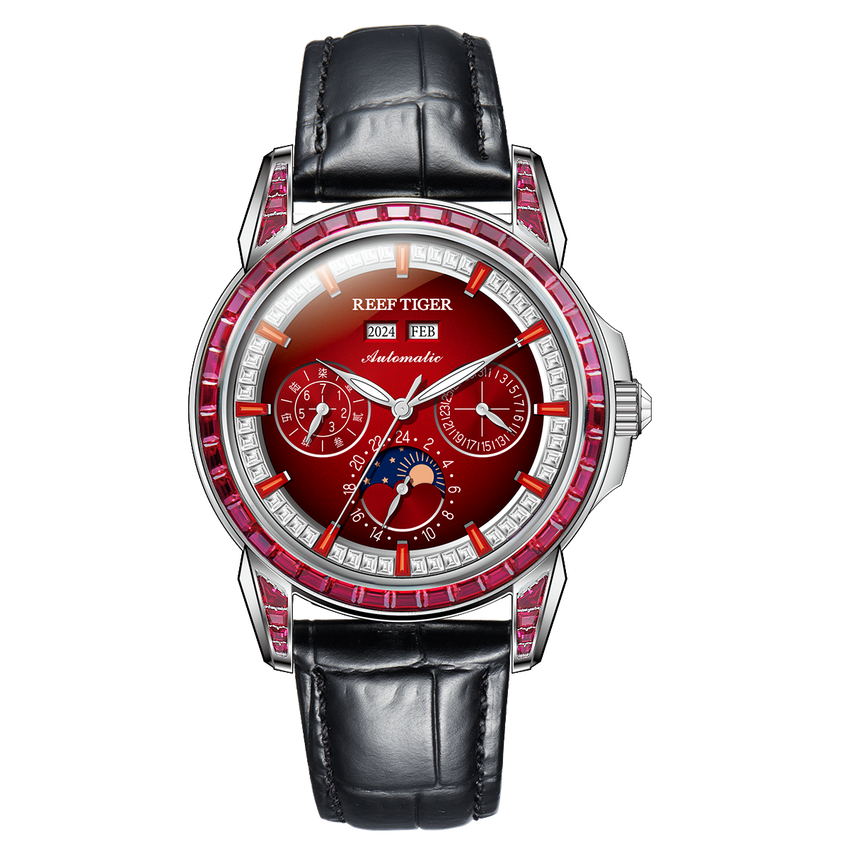 Reef Tiger Classic Philosopher Zirconia Bezel Multifunctional Mechanical Moon Phase Automatic Watch Burgandy RGA1988 image 0