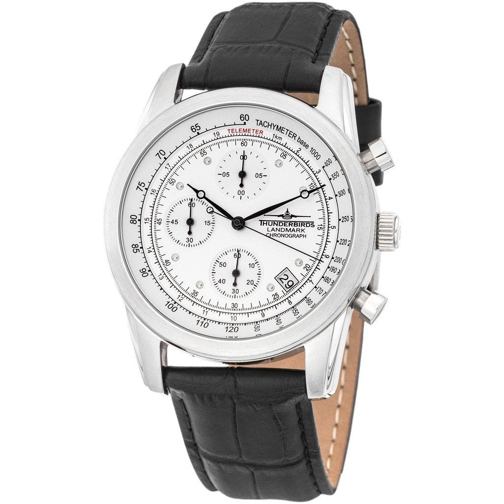 THUNDERBIRDS Landmark Chronograph Leather Watch Silver/Black image 1