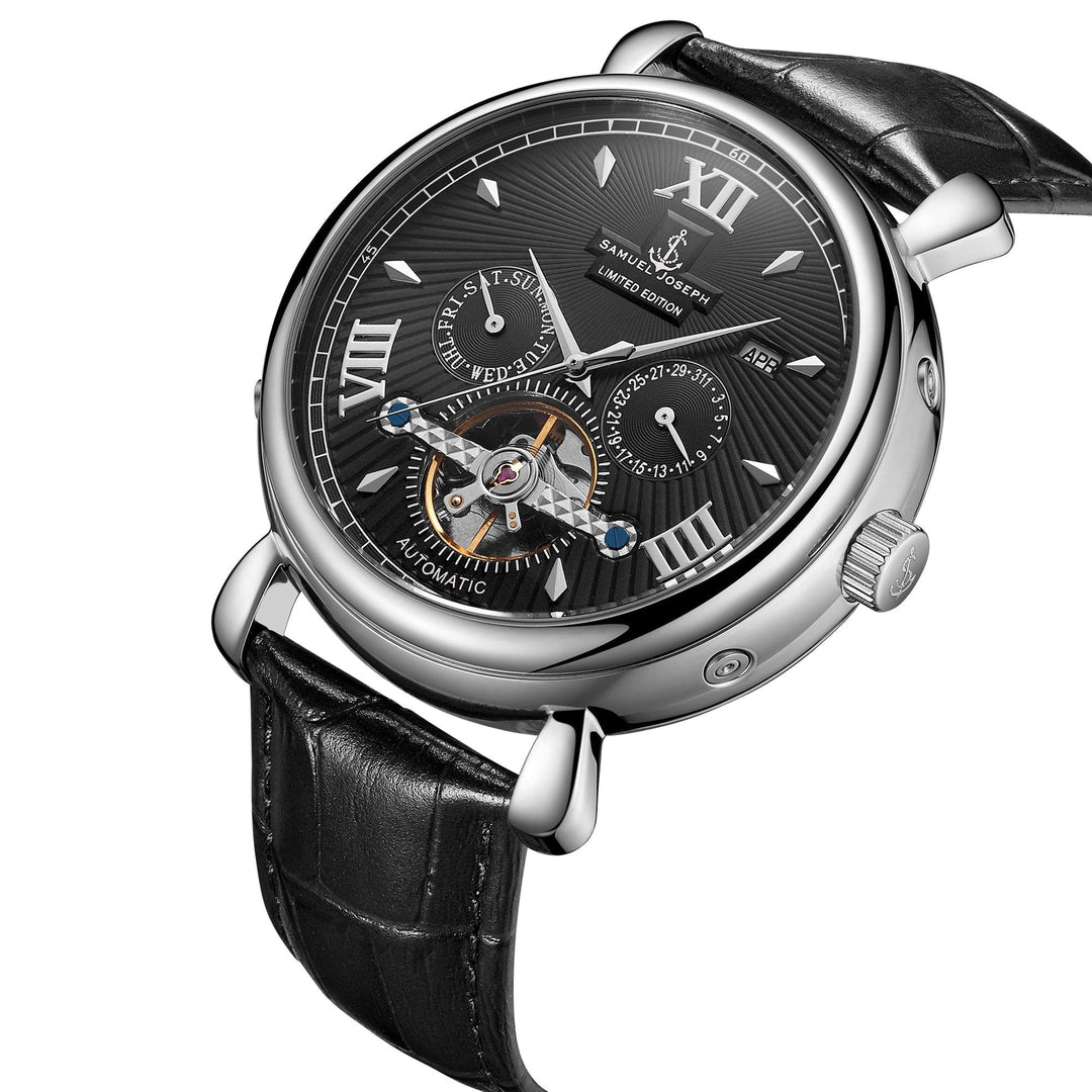 SAMUEL JOSEPH London Limited Edition Black & Silver Automatic Skeleton Men's Watch