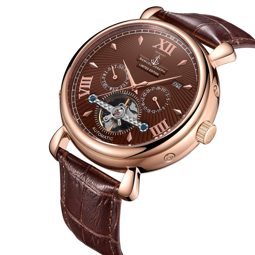 SAMUEL JOSEPH London Limited Edition Mocha & Gold Automatic Skeleton Men's Watch
