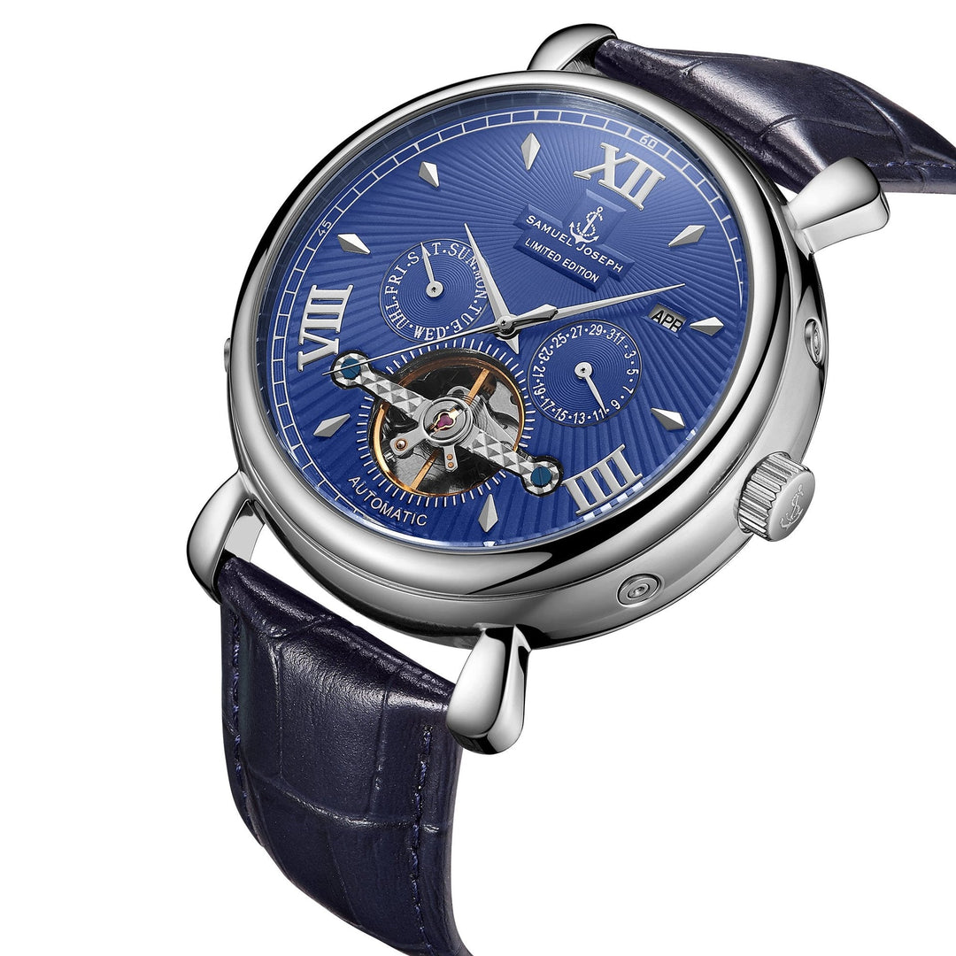 SAMUEL JOSEPH London Limited Edition Blue & Silver Automatic Skeleton Men's Watch