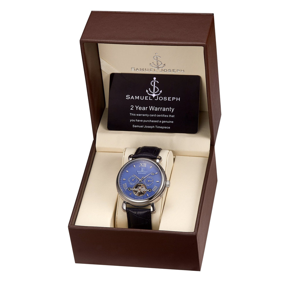 SAMUEL JOSEPH London Limited Edition Blue & Silver Automatic Skeleton Men's Watch