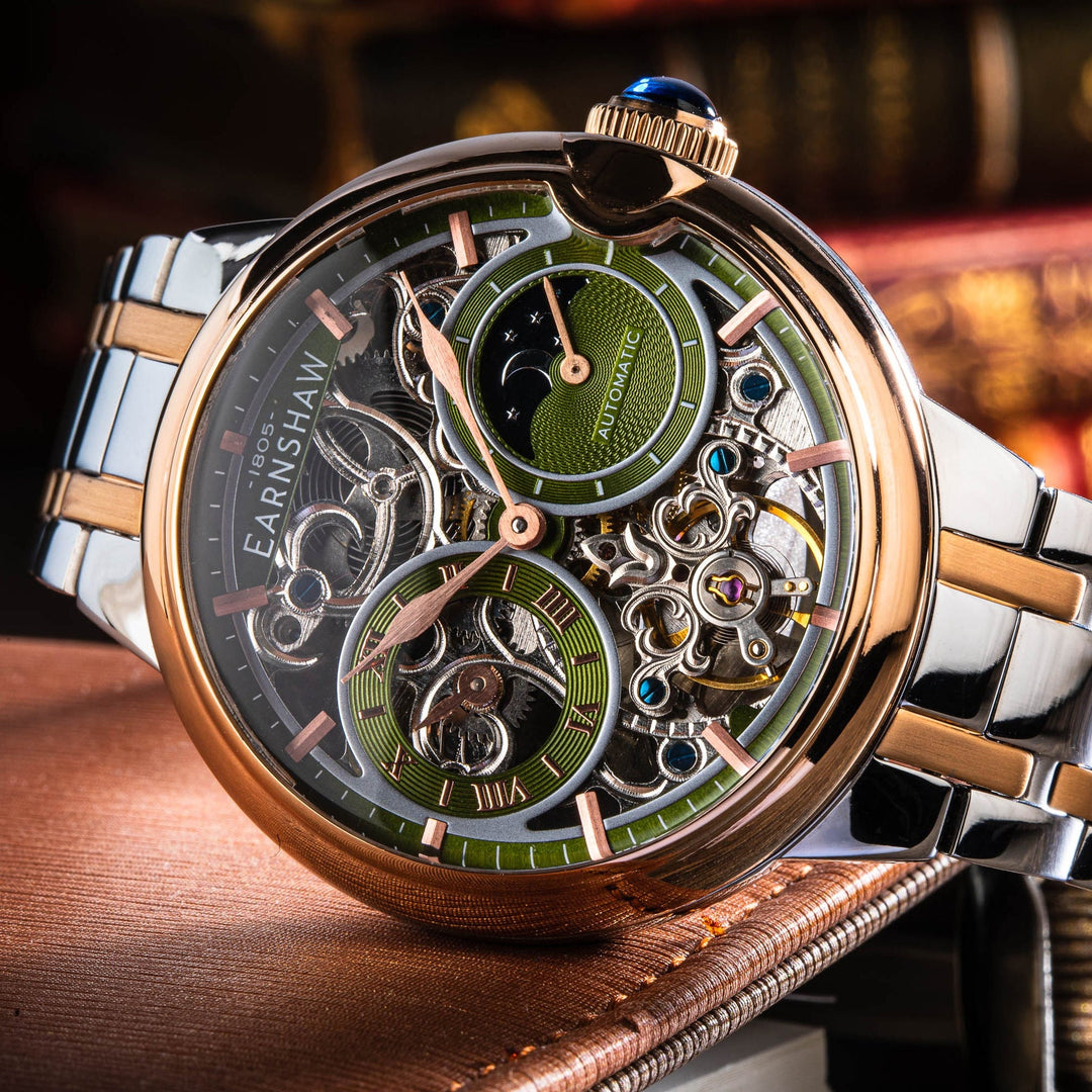 THOMAS EARNSHAW BARALLIER DUAL TIME SUN MOON OPEN HEART AUTOMATIC Two Tone Mint Green