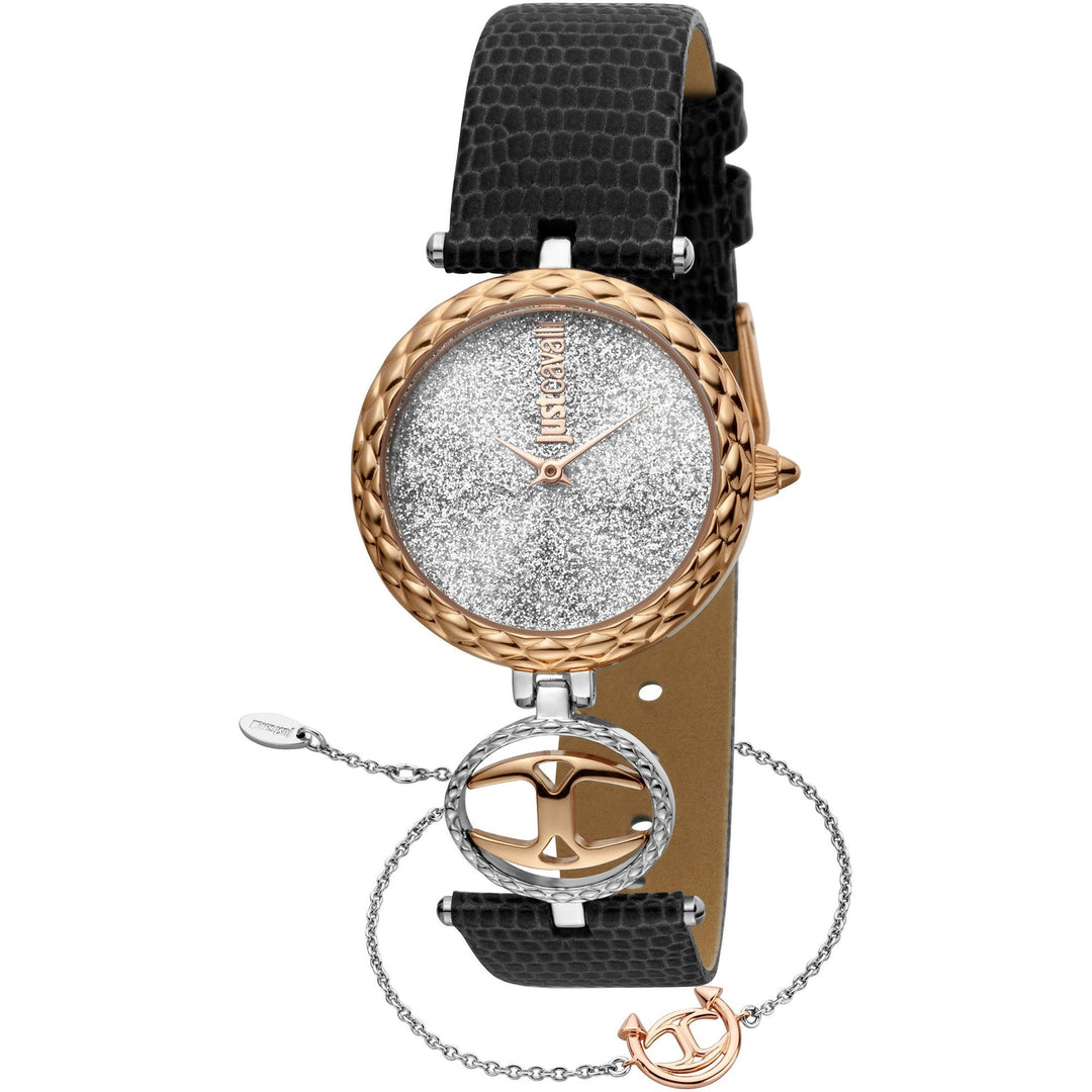JUST CAVALLI Changi Glitter Rose Gold Leather Black + Free Bracelet Watch