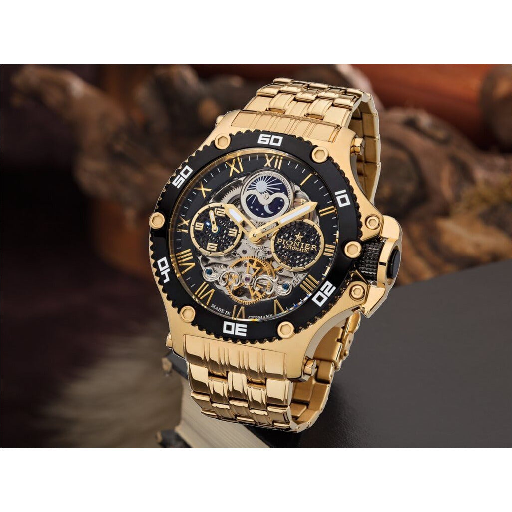 TUFINA GERMANY HAWAII PIONIER DUAL TIME STEEL GOLD | BLACK BEZEL Watch