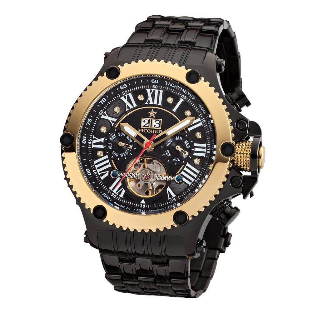 TUFINA GERMANY NEW YORK DIAMONDS PIONIER STEEL BLACK | GOLD TRIM Watch
