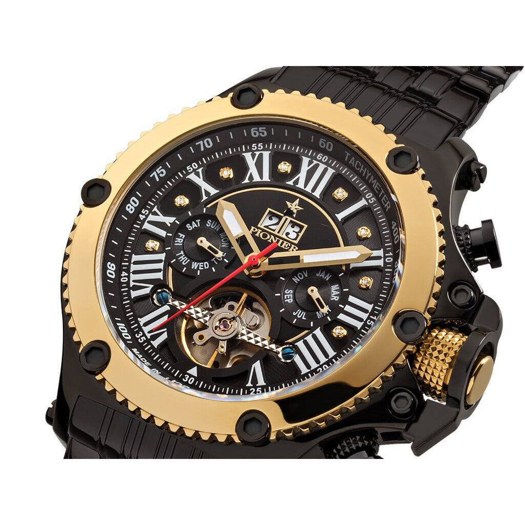 TUFINA GERMANY NEW YORK DIAMONDS PIONIER STEEL BLACK | GOLD TRIM Watch