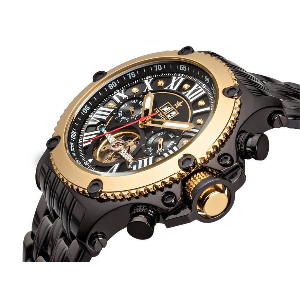 TUFINA GERMANY NEW YORK DIAMONDS PIONIER STEEL BLACK | GOLD TRIM Watch
