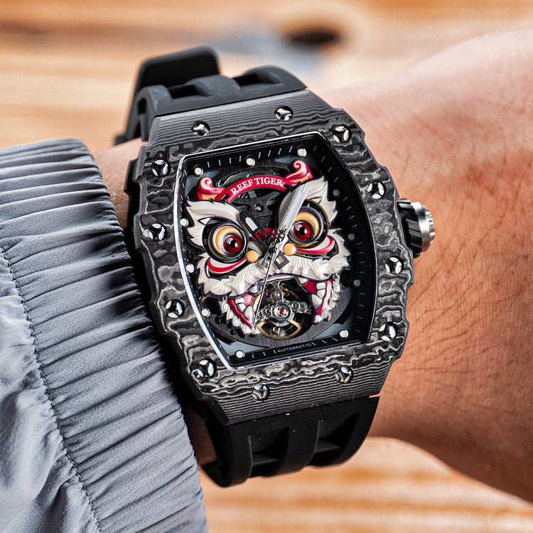 Reef Tiger Men's Chinese Lion Dance Automatic Skeleton Watch RGA3009 Black image 3