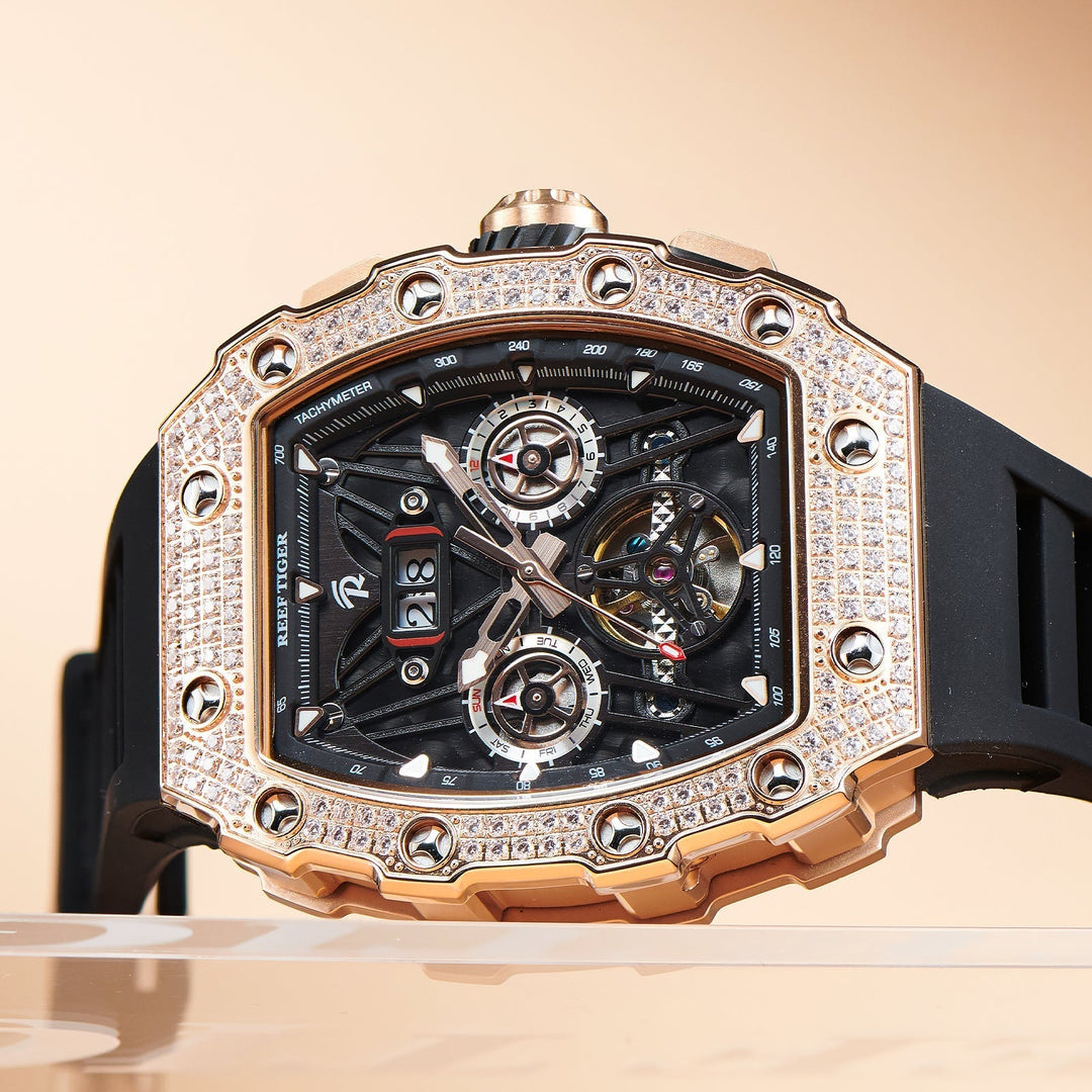 Reef Tiger Men's Aurora Titan Mechanical Multifunctional Day/Date Skeleton Automatic Watch RGA3009 Rose Gold image 5