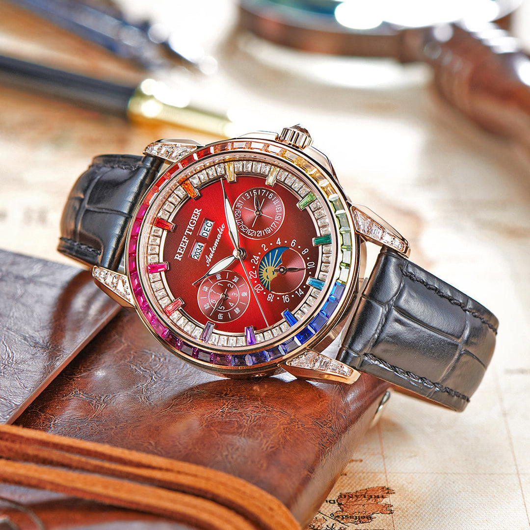 Reef Tiger Classic Philosopher Zirconia Bezel Multifunctional Mechanical Moon Phase Automatic Watch Rose Gold/Burgandy RGA1988 image 3