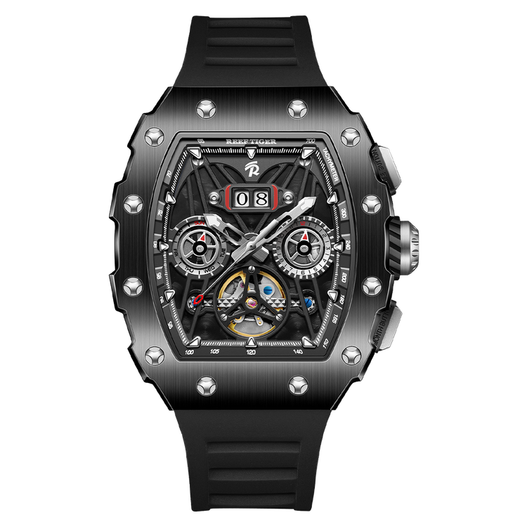 Reef Tiger Men's Aurora Titan Mechanical Multifunctional Day/Date Skeleton Automatic Watch RGA3009 Black image 0