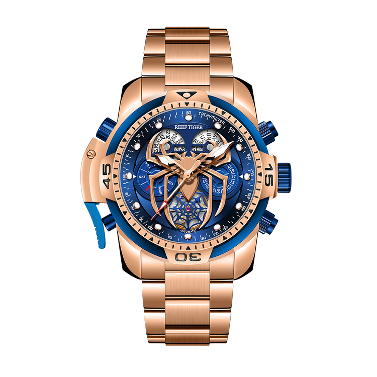 Reef Tiger Men's Aurora Spider Automatic Chronograph Watch Rose Gold/Blue - Steel image