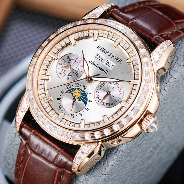 Reef Tiger Classic Philosopher Zirconia Bezel Multifunctional Mechanical Moon Phase Automatic Watch Luxury Rose Gold RGA1988 image 1