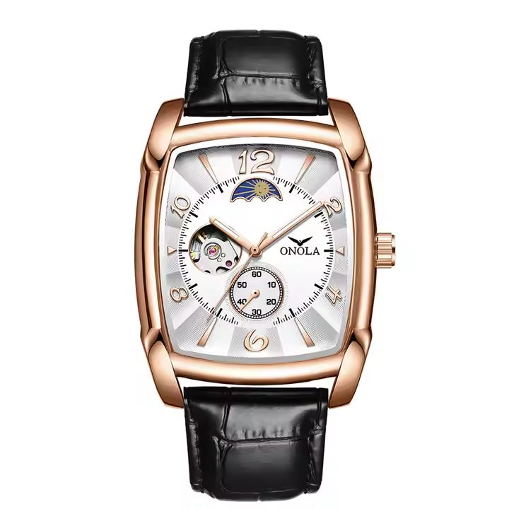 ONOLA Classic Automatic Moonphase Easy Read Tonneux Open Heart Leather Watch image 3