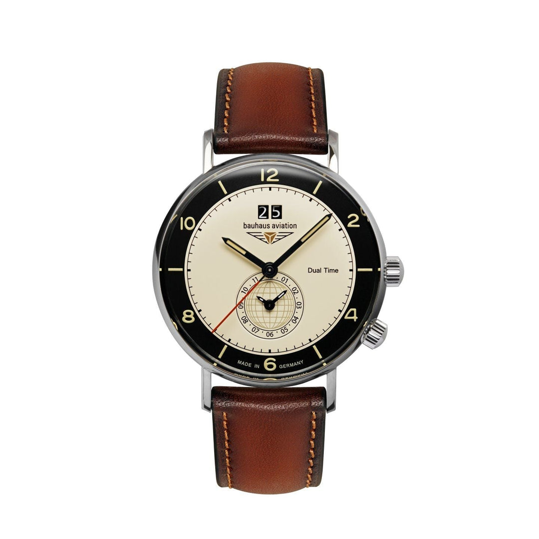 BAUHAUS AVIATION Men's Vintage Dual Time Leather Strap Watch 24462 image 2