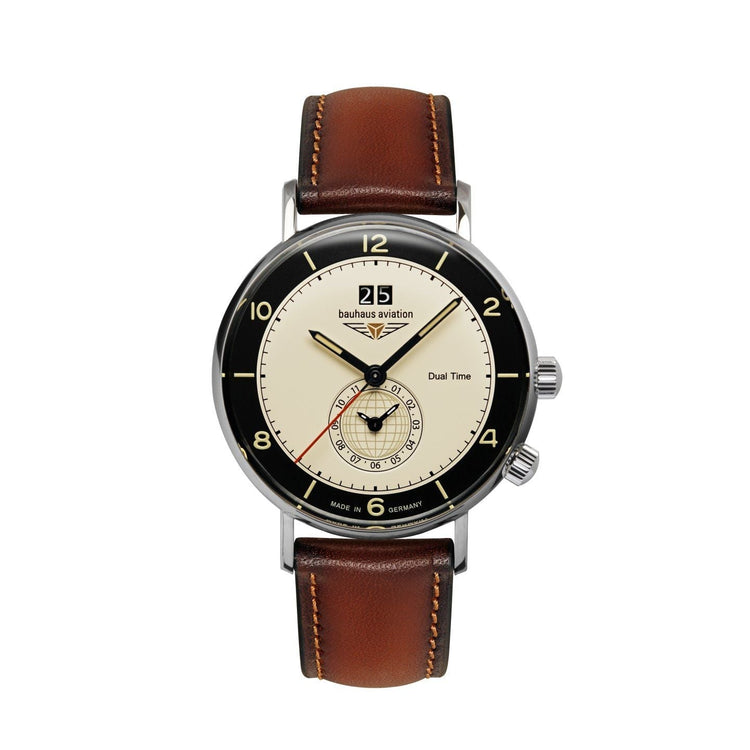 BAUHAUS AVIATION Men's Vintage Dual Time Leather Strap Watch 24462 image 2