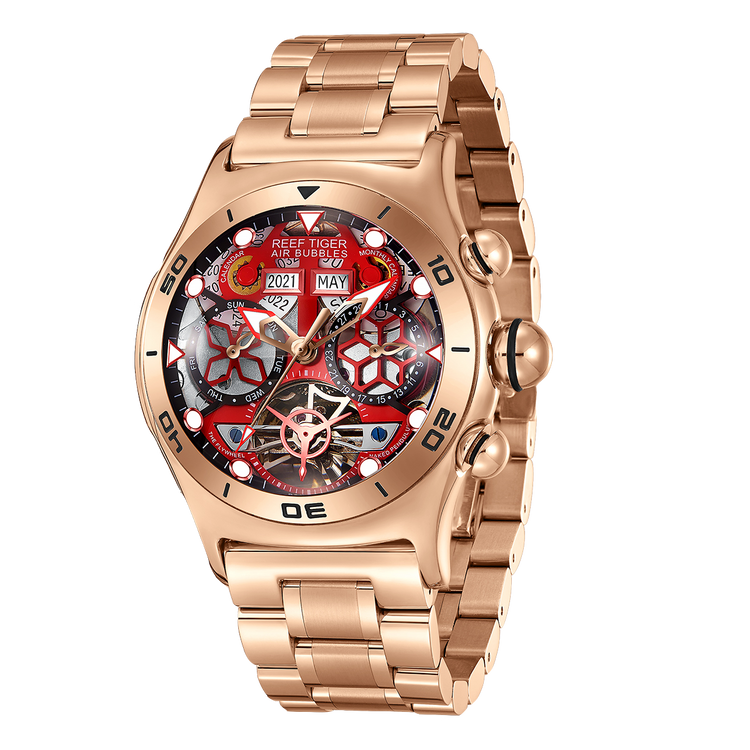 Reef Tiger Men's Aurora Air Bubbles Automatic Mechanical Skeleton Watch Rose Gold/Camel image 7